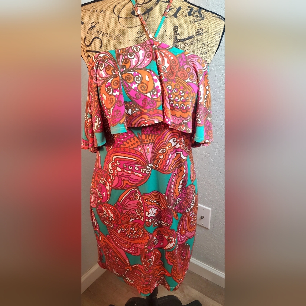 Trina Turk Vibrant Butterfly Multicolor Mini Dress.